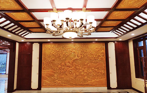 耀州中式别墅客厅中式木作横梁吊顶装饰展示