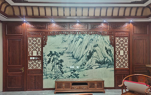 耀州中式仿古别墅客厅背景墙花格木作装饰